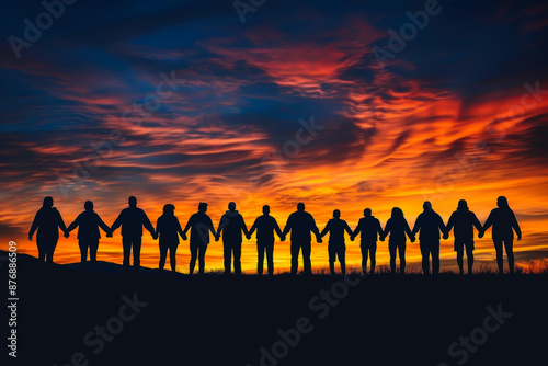 Silhouettes of friends celebrating under sunset sky, marking Friendship Day outdoors