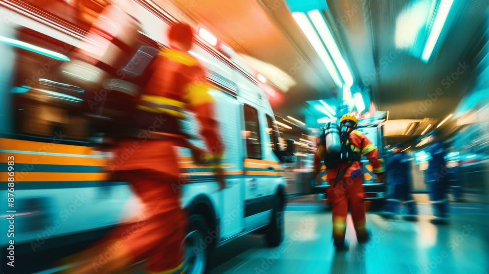 Obraz premium Emergency responders in motion, wearing protective gear and heading towards a white and orange ambulance in a blurred bustling environment.