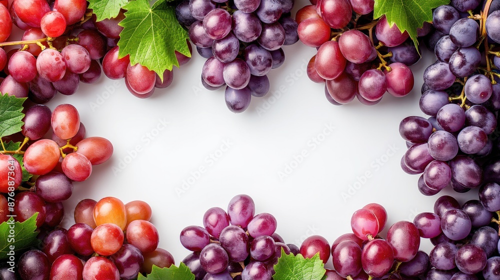 Assorted Red and Purple Grapes with Green Leaves Forming a Frame on White Background with Copy Space Assorted Red and Purple Grapes with Green Leaves Forming a Frame on White Background with Copy Space