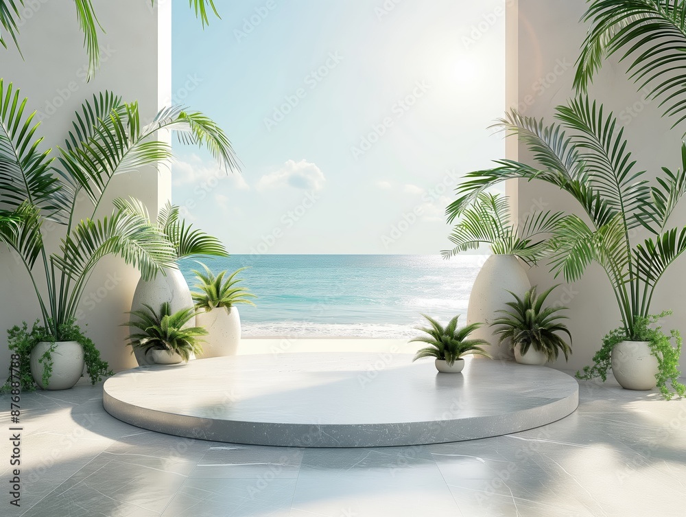 Fototapeta premium Elegant tropical platform with ocean view and lush greenery