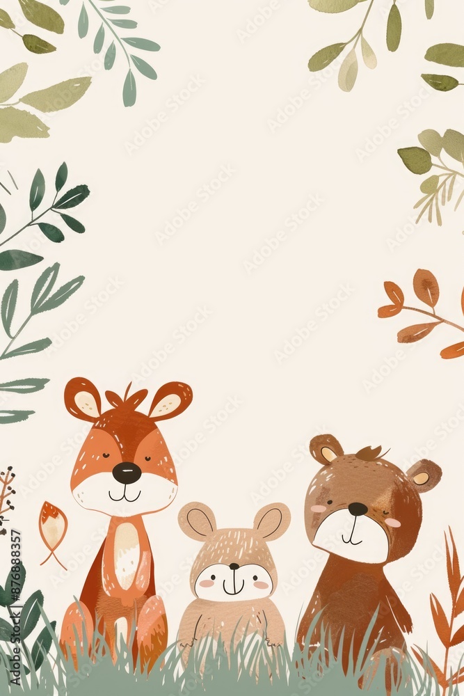 Fototapeta premium Charming Illustration of Forest Animals with Nature Elements