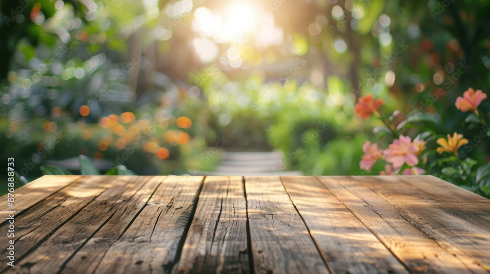A wooden table in a garden setting with flowers and greenery, capturing a bright and refreshing outdoor atmosphere. A wooden table in a garden setting with flowers and greenery, capturing a bright and refreshing outdoor atmosphere.