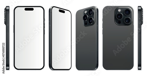 new frameless smartphone grey color with blank screen, front back and side view, isolated on white background. mockup of realistic mobile phone with shadow. vector 3d isometric illustration