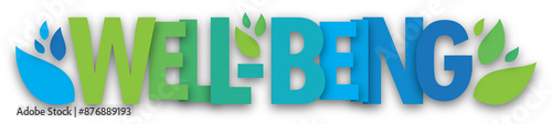 WELL-BEING colorful typography banner on transparent background with leaves