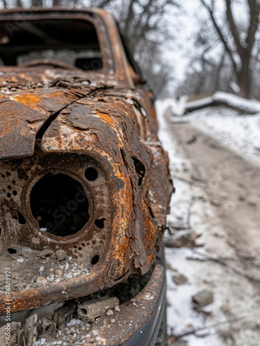 Abandoned and rusted vintage truck in snowy forest