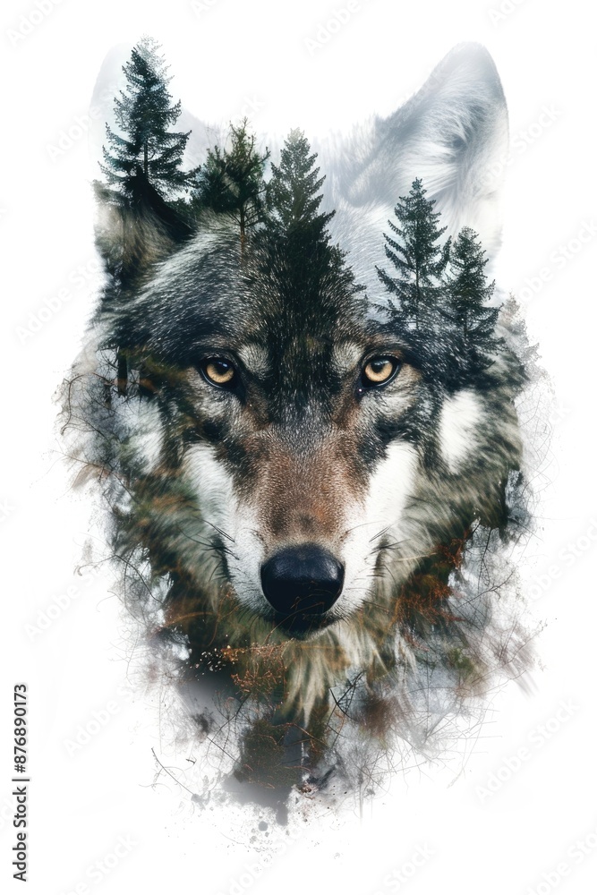 Obraz premium Majestic Double Exposure Wolf Portrait with Forest Landscape