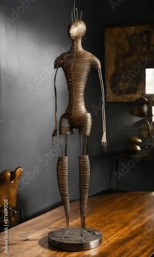 ancient neolithic inspired simple steel sculpture of human/animal form,weird  tall with long legs,abstract photo