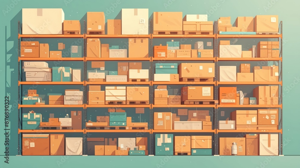 Warehouse Storage Shelves Filled with Various Cardboard Boxes and Packages in a Modern Distribution Center Warehouse Storage Shelves Filled with Various Cardboard Boxes and Packages in a Modern Distribution Center