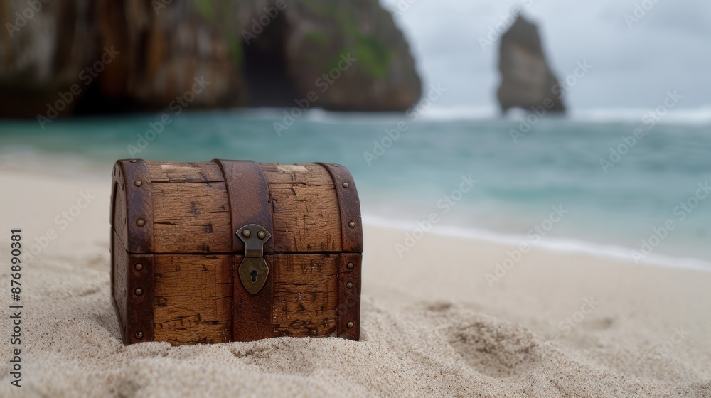 Fototapeta premium Wooden treasure chest on sandy beach with rocky cliffs in background