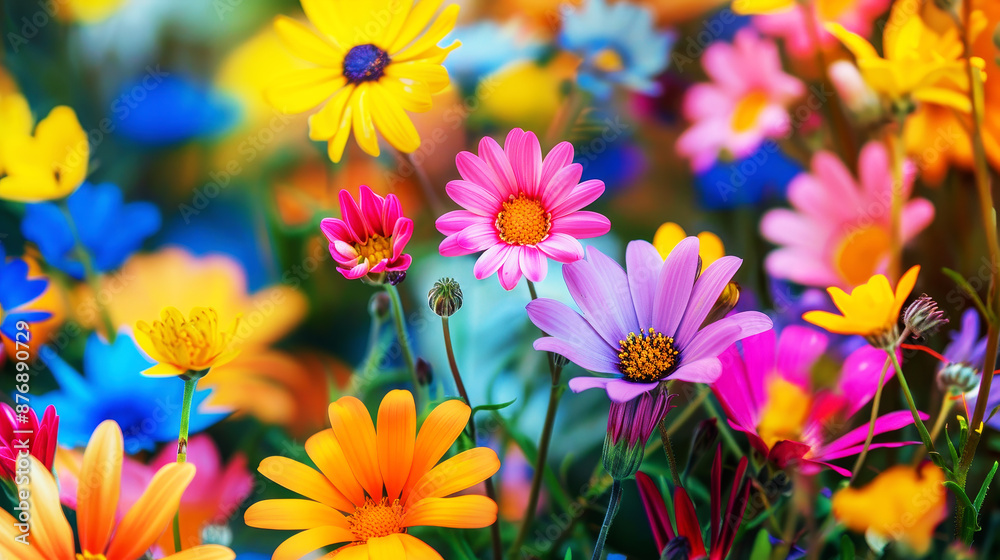 Fototapeta premium Colorful wildflowers in various colors, including pink and yellow daisies, purple flowers, orange marigolds, blue morning glories, green leaves, macro photography