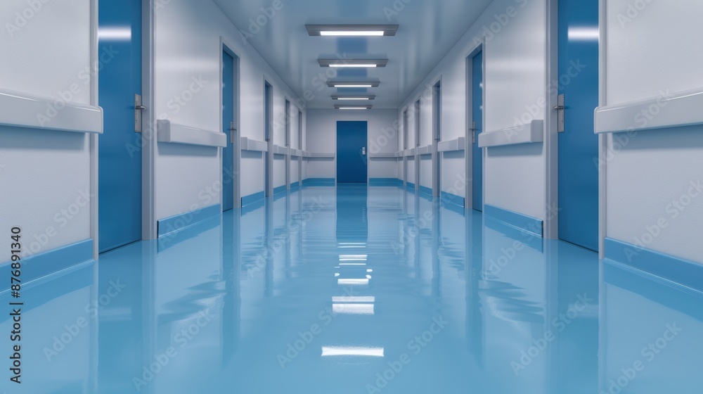Obraz premium Empty hospital corridor with blue tones