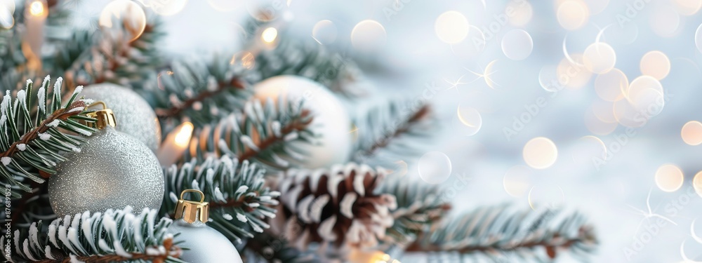 Christmas tree branches with blurred bokeh background and space for text. New Year card template. Christmas card template. Border, winter poster for invitations Christmas tree branches with blurred bokeh background and space for text. New Year card template. Christmas card template. Border, winter poster for invitations
