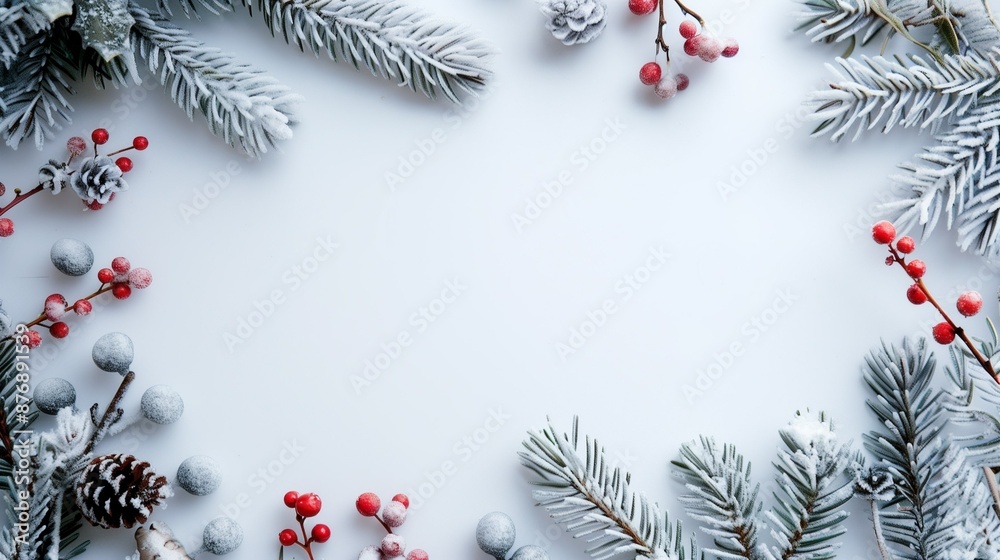 Frame of fir branches and decorations with background and place for text. New Year card template. Christmas card template. Border, winter poster for invitations Frame of fir branches and decorations with background and place for text. New Year card template. Christmas card template. Border, winter poster for invitations