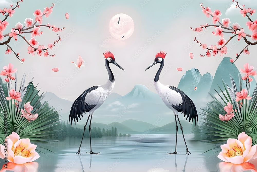 Fototapeta premium Elegant cranes by a serene lake under full moon with cherry blossoms and mountain views