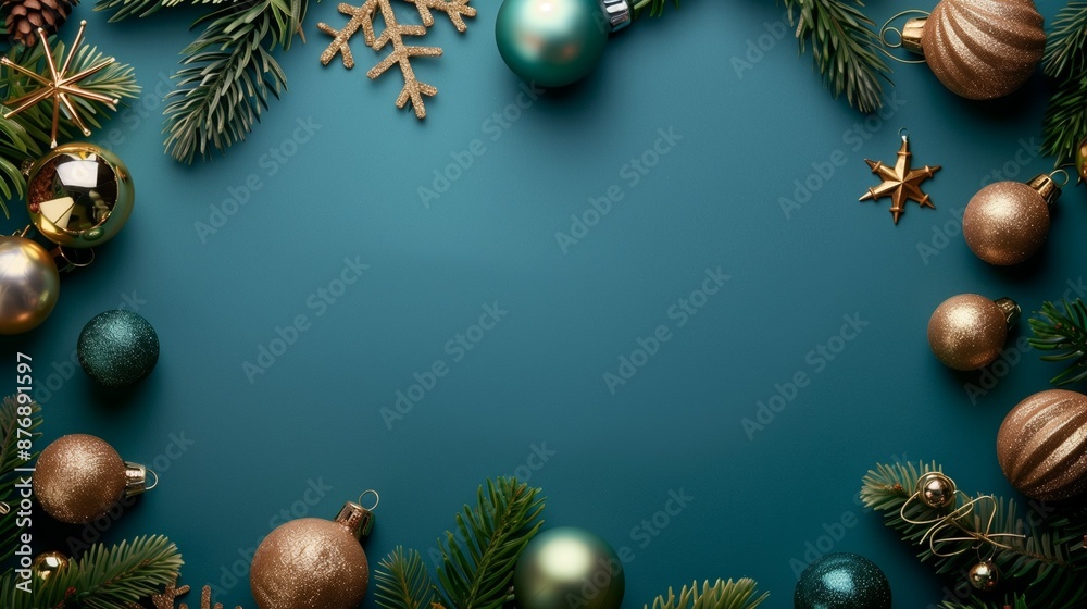Frame of fir branches and decorations with background and place for text. New Year card template. Christmas card template. Border, winter poster for invitations