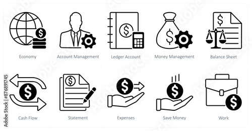A set of 10 Mix icons as economy, account management, ledger account