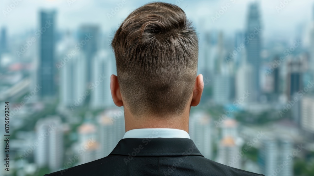 businessman overlooking modern city skyline businessman overlooking modern city skyline
