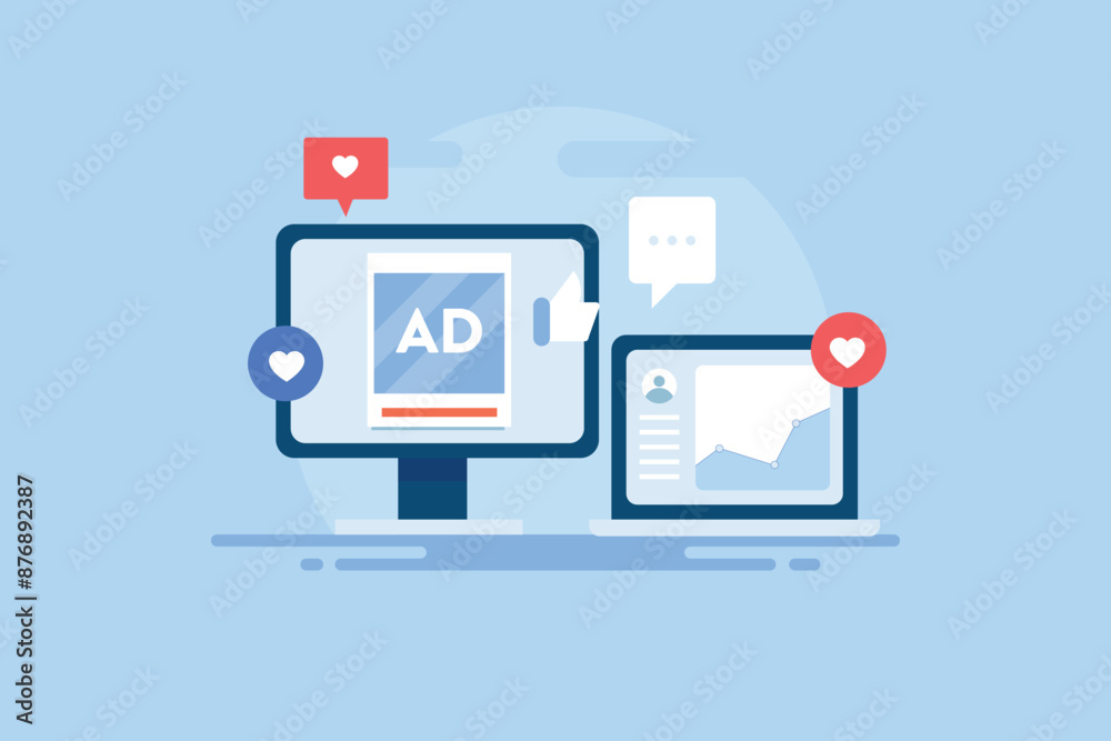 Running ads on social media network, analysing advertising performance data on dashboard interface, optimization and data driven decision making for e-business, vector illustration. Running ads on social media network, analysing advertising performance data on dashboard interface, optimization and data driven decision making for e-business, vector illustration.