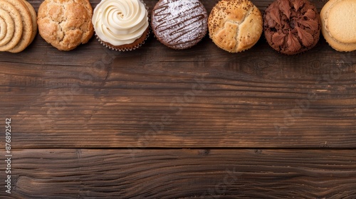 Assortment of delicious baked goods on wooden background