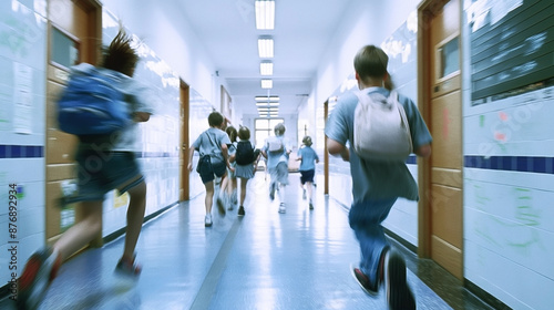 Blurred image of children running down a school hallway with backpacks on, creating a sense of motion and energy.