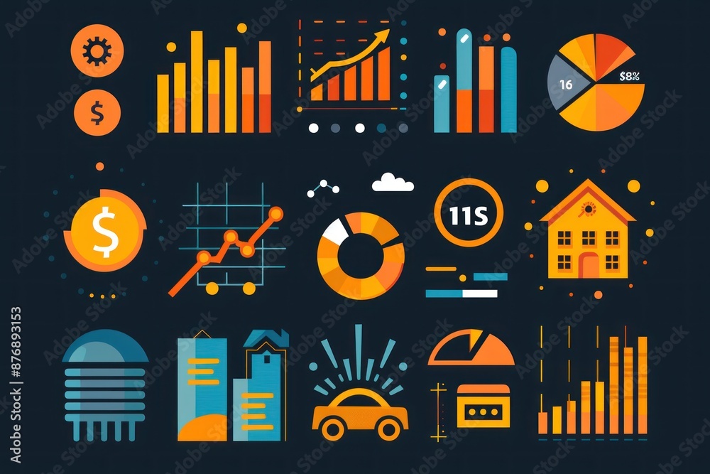 Flat design illustration depicting an investment portfolio review. The image features icons of stocks, bonds, and real estate, with graphs and charts showing investment performance. Ideal for Flat design illustration depicting an investment portfolio review. The image features icons of stocks, bonds, and real estate, with graphs and charts showing investment performance. Ideal for