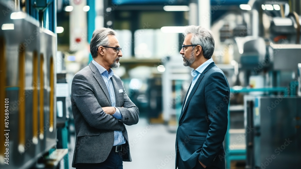Two senior businessmen engaged in a discussion in a modern industrial manufacturing plant, surrounded by machinery and equipment. Two senior businessmen engaged in a discussion in a modern industrial manufacturing plant, surrounded by machinery and equipment.