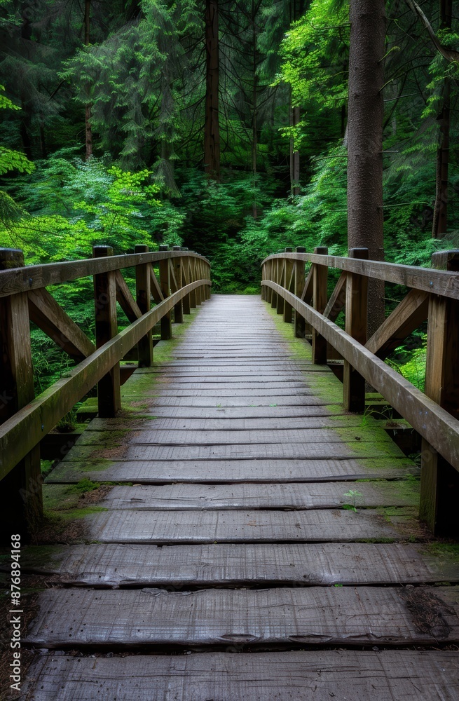 Serene wooden bridge through lush green forest Serene wooden bridge through lush green forest