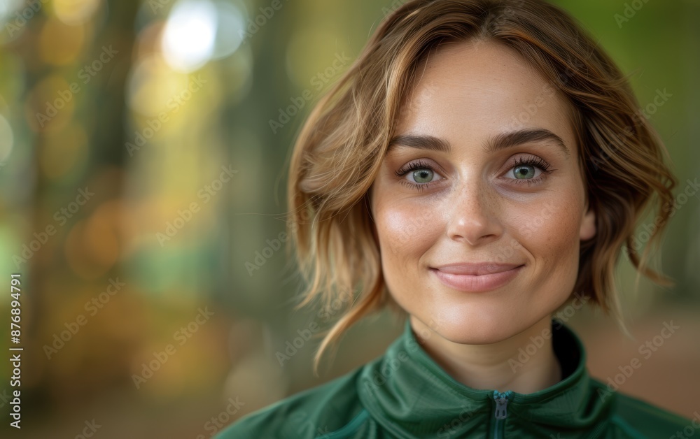 Smiling woman with wavy hair in green jacket Smiling woman with wavy hair in green jacket
