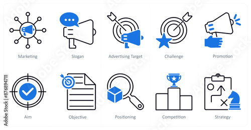 A set of 10 Mix icons as marketing, slogan, advertising target