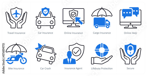 A set of 10 Mix icons as travel insurance, car insurance, online insurance