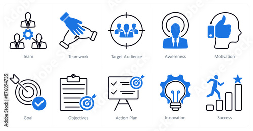 A set of 10 Mix icons as team, teamwork, target audience