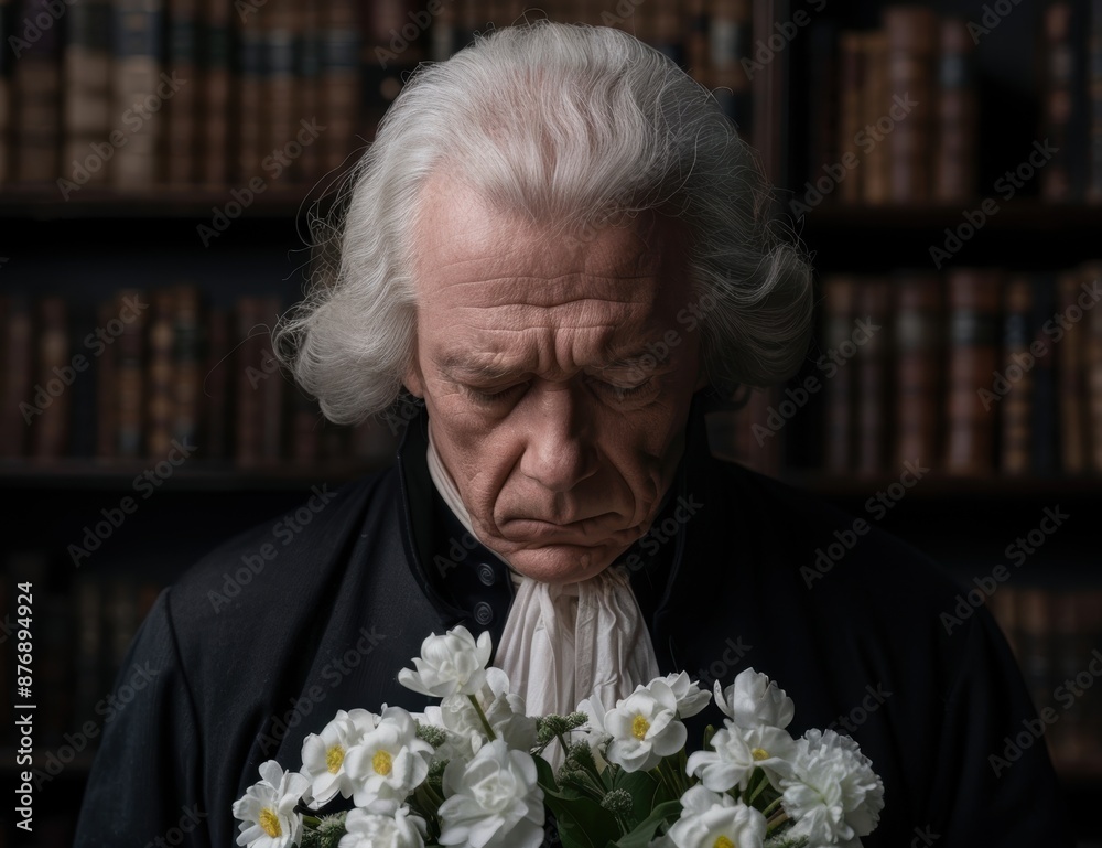 Somber elderly man with flowers Somber elderly man with flowers