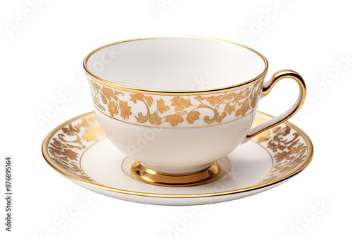 A Golden Floral Teacup and Saucer Set, Ready for Afternoon Delight. on a White or Clear Surface PNG Transparent Background.
