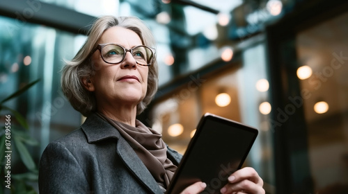 An older woman with glasses holds a tablet while standing outside a modern building with glass walls and lights in the background.