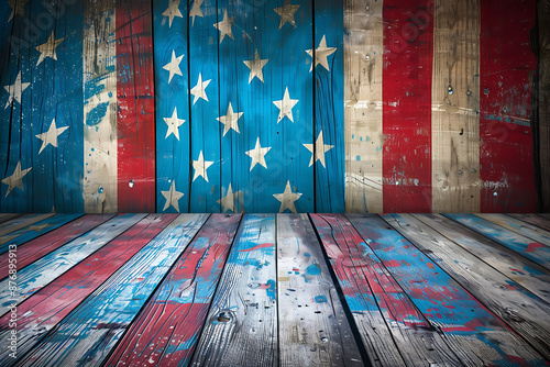 American Flag for America's 4th of July Celebration over a white wooden rustic background to mark America's Independence Day. 