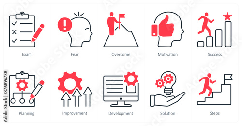 A set of 10 Mix icons as exam, fear, overcome