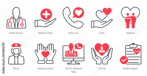 A set of 10 Mix icons as male doctor, medical help, helpline