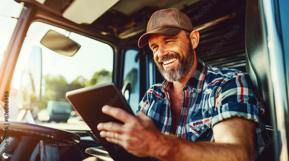A cheerful truck driver in a cab, using a digital tablet. He's casually dressed in a plaid shirt and cap, enjoying a break from driving. A cheerful truck driver in a cab, using a digital tablet. He's casually dressed in a plaid shirt and cap, enjoying a break from driving.
