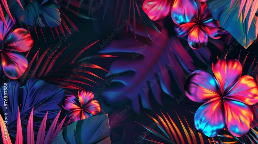 A vibrant, neon-lit tropical scene with vivid flowers and lush foliage A vibrant, neon-lit tropical scene with vivid flowers and lush foliage