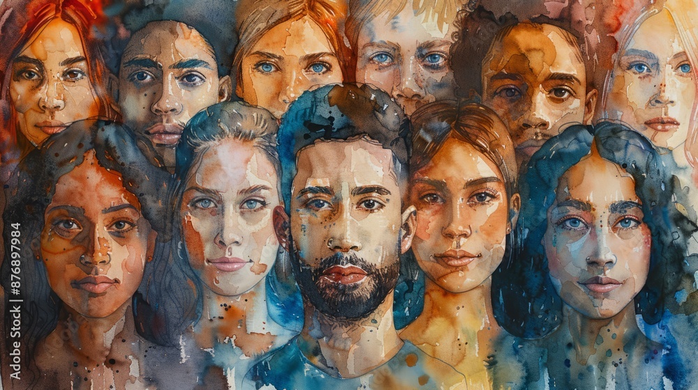Fototapeta premium large multi-ethnic group of people looking at the camera watercolor art Concept of teamwork, democracy, happy people, pride, fairness