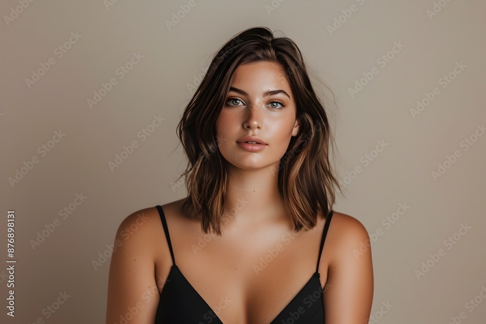 Fototapeta premium Stunning young woman with long brown hair posing confidently in black outfit against plain