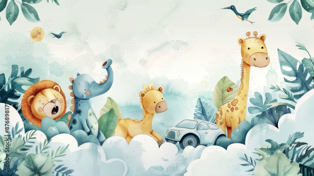 Obraz premium Watercolor illustrations of adorable safari animals on clouds, lions, and dinosaurs driving cars. Cute baby safari animal banner.