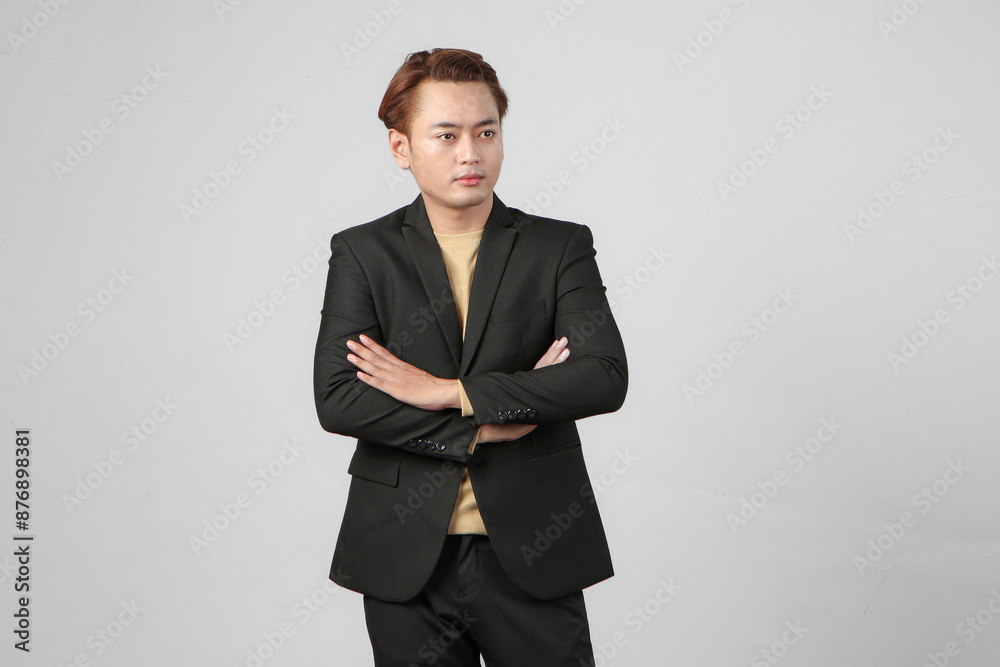 portrait of happy asian businessman wearing suit with arm crossed on isolated background portrait of happy asian businessman wearing suit with arm crossed on isolated background