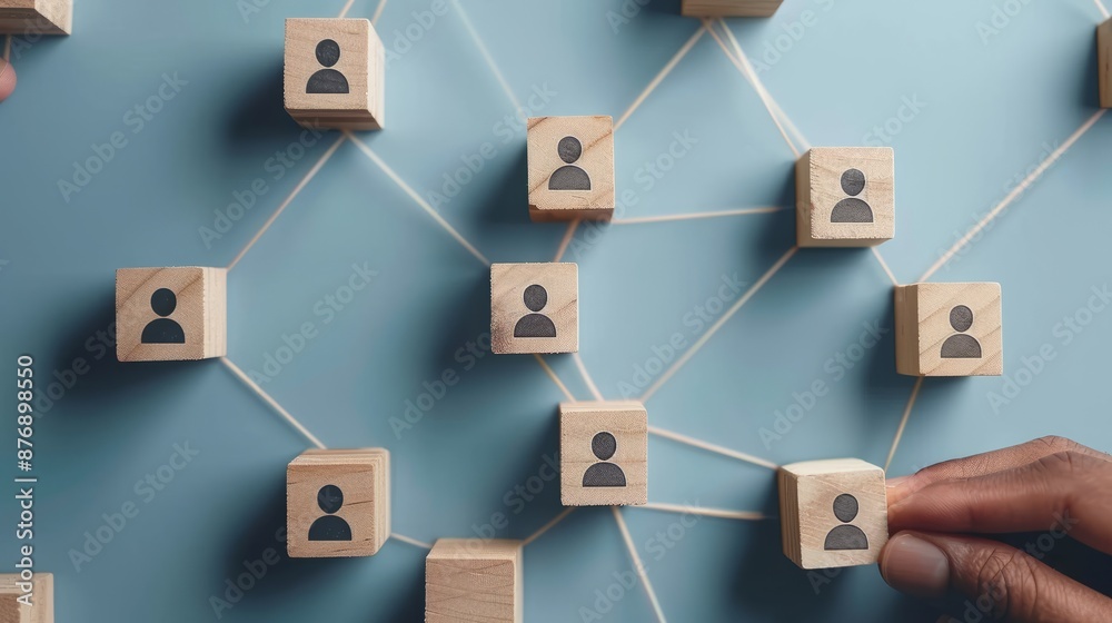 hand placing wooden blocks with icons of people on a blue background, forming a network pattern hand placing wooden blocks with icons of people on a blue background, forming a network pattern