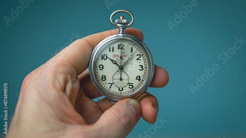 hand holding a classic stopwatch, against a clean pastel blue background