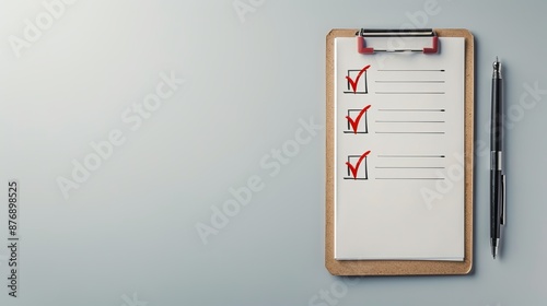 clipboard with a rules checklist and red checkmarks, against a clean light grey background