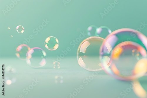 Shimmering Soap Bubbles Floating in Pastel Green Minimalist Studio Background