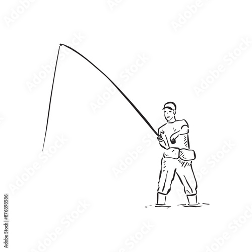 A man fishing in water in waders. Line drawn in black and white. Drawn by hand and vectorised.