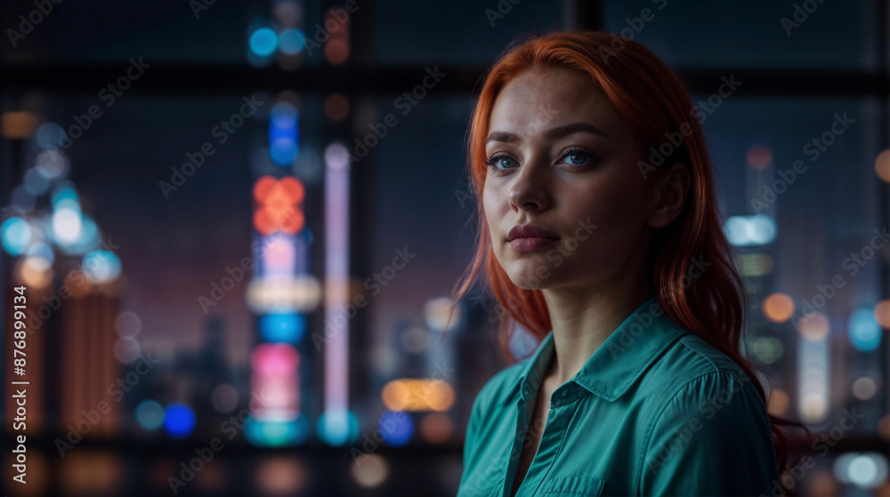 Obraz premium Woman with Fiery Red Hair and Mesmerizing Blue Eyes