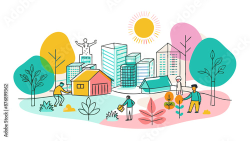 Colorful Urban Park Scene with Diverse People and Modern Buildings